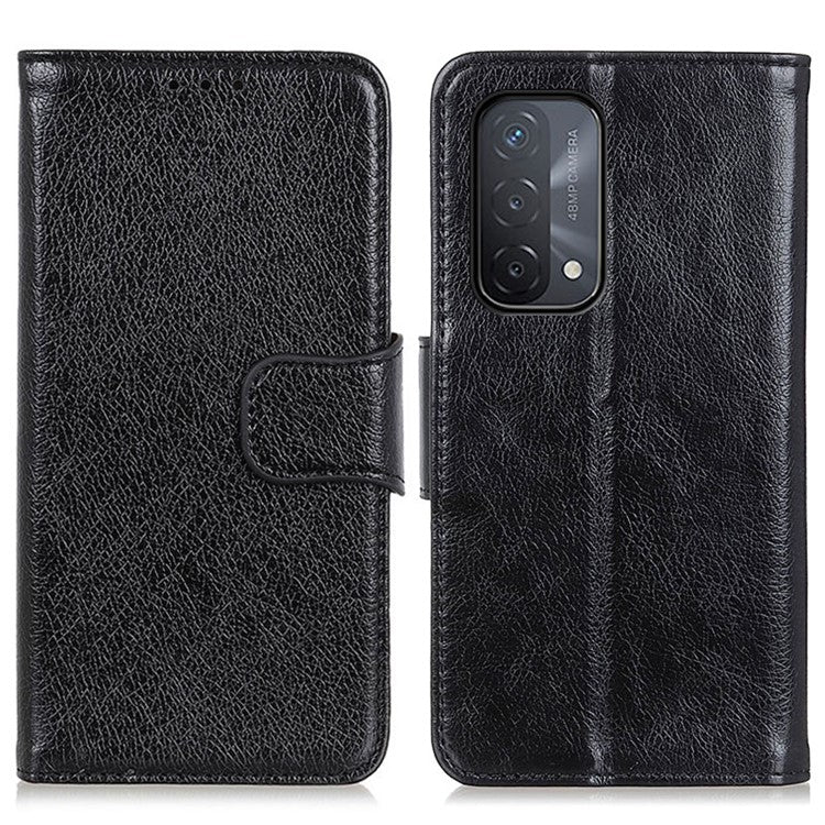 Nappa Texture Full-Protection Split Leather Wallet Stand Phone Cover Shell for Oppo A54 5G/A74 5G/A93 5G - Black