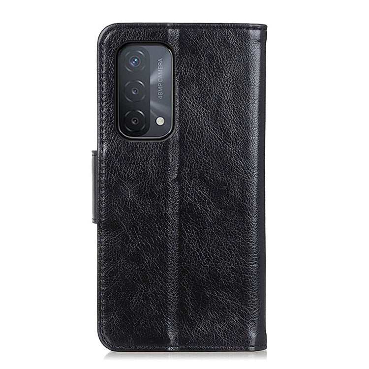 Nappa Texture Full-Protection Split Leather Wallet Stand Phone Cover Shell for Oppo A54 5G/A74 5G/A93 5G - Black
