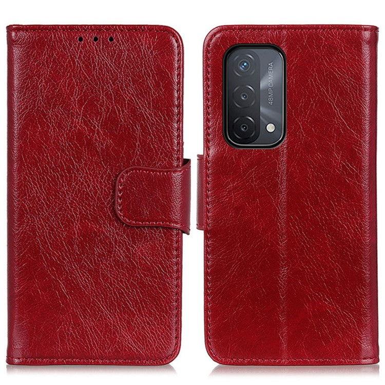 Nappa Texture Full-Protection Split Leather Wallet Stand Phone Cover Shell for Oppo A54 5G/A74 5G/A93 5G - Red