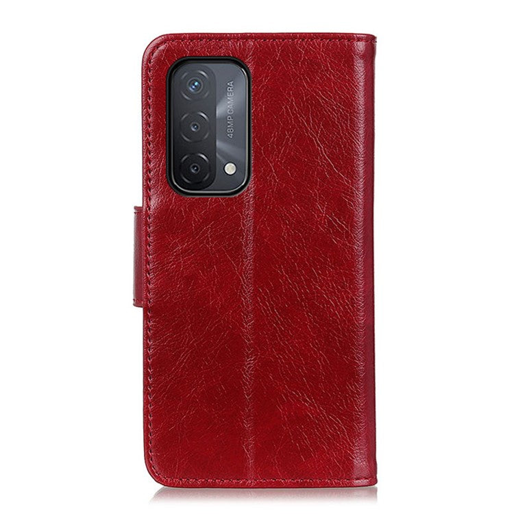 Nappa Texture Full-Protection Split Leather Wallet Stand Phone Cover Shell for Oppo A54 5G/A74 5G/A93 5G - Red
