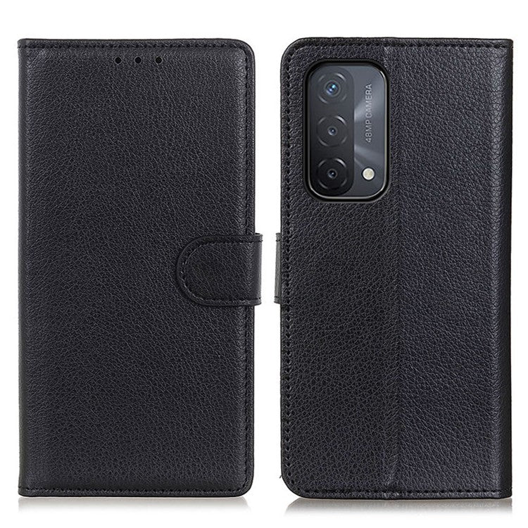 Litchi Skin Leather Full-Protection Phone Shell Case Cover with Wallet Stand for Oppo A93 5G / A54 5G / A74 5G - Black