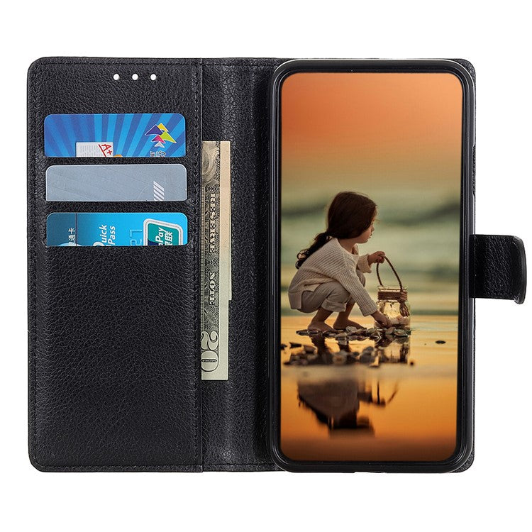 Litchi Skin Leather Full-Protection Phone Shell Case Cover with Wallet Stand for Oppo A93 5G / A54 5G / A74 5G - Black