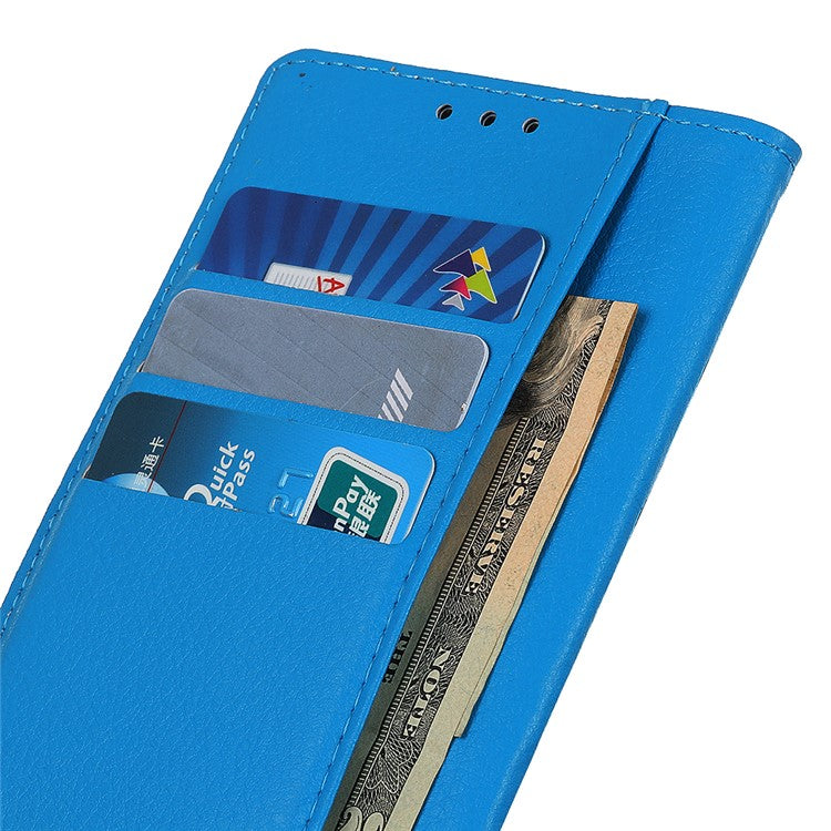 Litchi Skin Leather Full-Protection Phone Shell Case Cover with Wallet Stand for Oppo A93 5G / A54 5G / A74 5G - Blue
