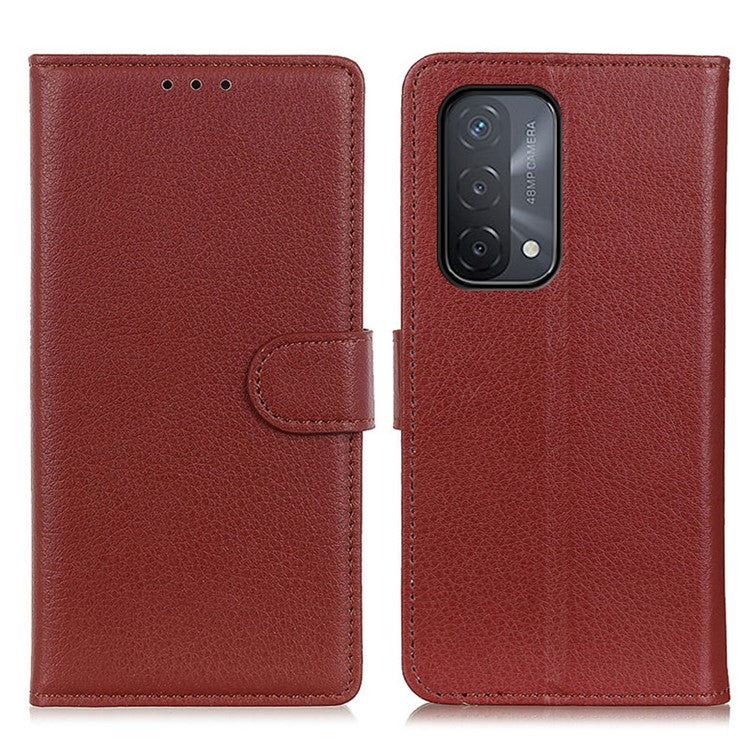 Litchi Skin Leather Full-Protection Phone Shell Case Cover with Wallet Stand for Oppo A93 5G / A54 5G / A74 5G - Brown