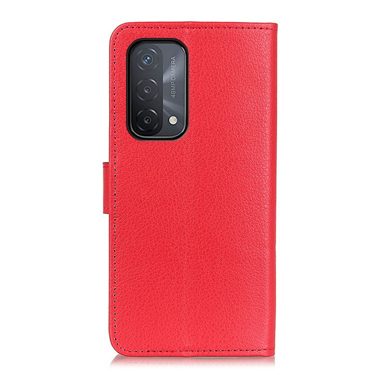 Litchi Skin Leather Full-Protection Phone Shell Case Cover with Wallet Stand for Oppo A93 5G / A54 5G / A74 5G - Red