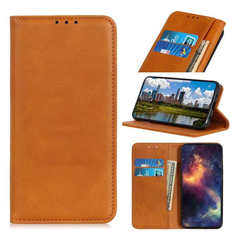 Auto-absorbed Split Leather Wallet Phone Cover for Oppo A93 5G/A54 5G/A74 5G - Brown