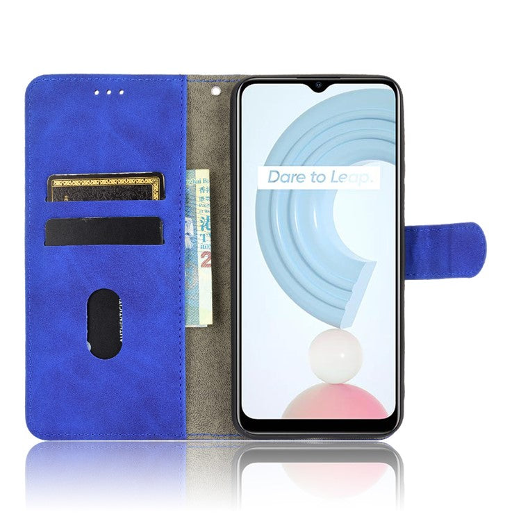 Skin-touch PU Leather Wallet Phone Cover with Supporting Stand for Realme C21 - Blue