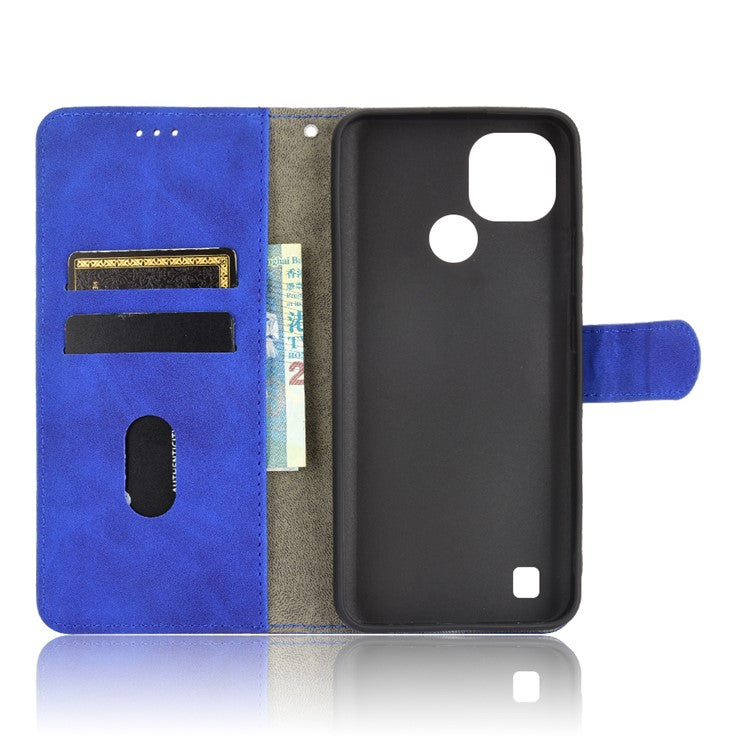 Skin-touch PU Leather Wallet Phone Cover with Supporting Stand for Realme C21 - Blue