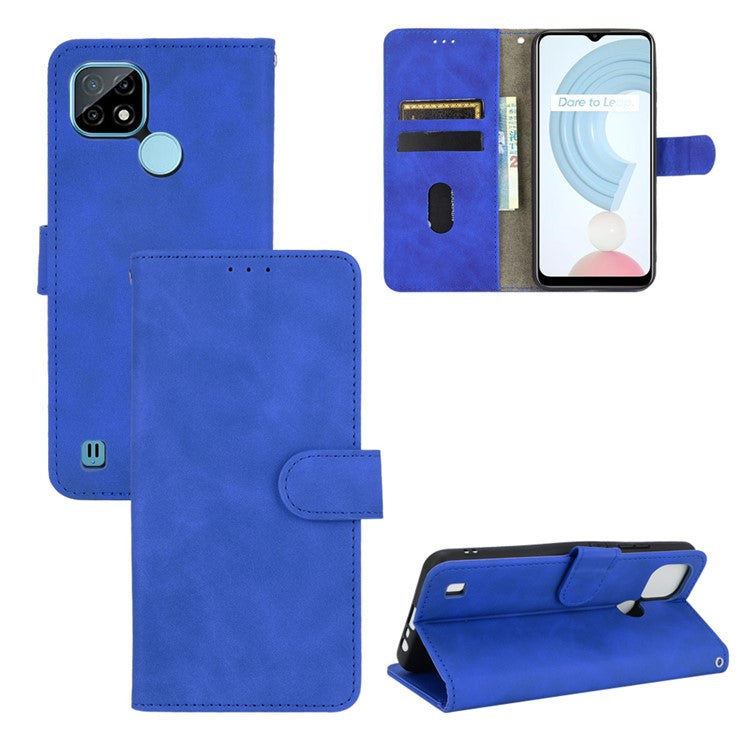 Skin-touch PU Leather Wallet Phone Cover with Supporting Stand for Realme C21 - Blue