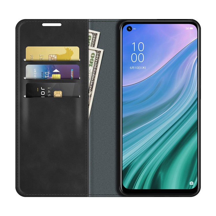 Skin-Touch Auto-absorbed Leather Cover with Wallet Stand for OPPO A54 5G/A93 5G/A74 5G/OnePlus Nord N200 5G - Black