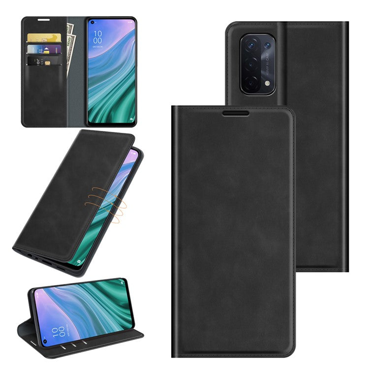 Skin-Touch Auto-absorbed Leather Cover with Wallet Stand for OPPO A54 5G/A93 5G/A74 5G/OnePlus Nord N200 5G - Black