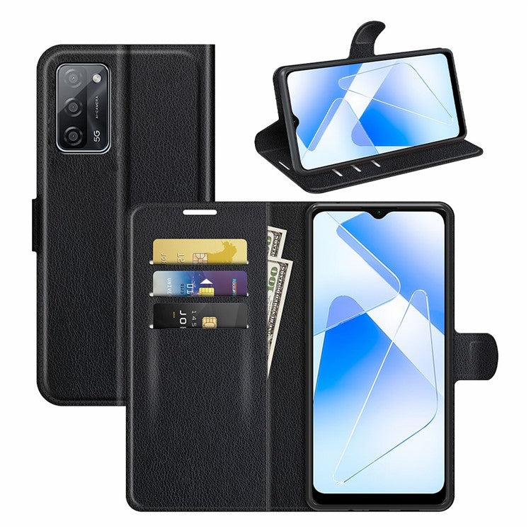 Litchi Skin Magnetic Leather Stand Case for Oppo A55 5G - Black