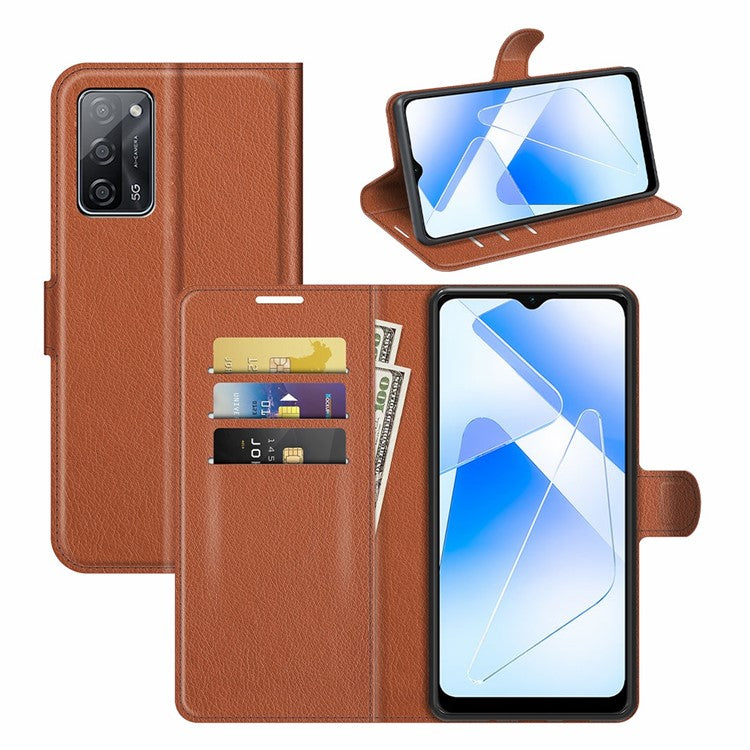 Litchi Skin Magnetic Leather Stand Case for Oppo A55 5G - Brown