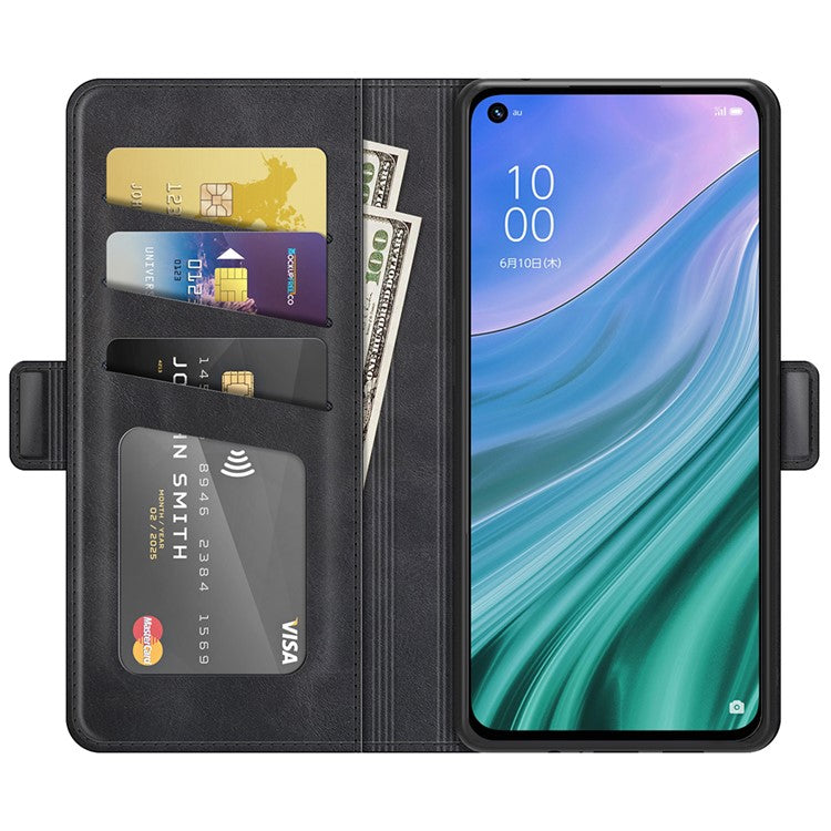Magnetic Double Clasp Wallet Leather Mobile Phone Case for OPPO A54 5G/A93 5G/A74 5G/OnePlus Nord N200 5G Protection Cover with Stand - Black