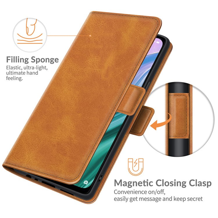 Magnetic Double Clasp Wallet Leather Mobile Phone Case for OPPO A54 5G/A93 5G/A74 5G/OnePlus Nord N200 5G Protection Cover with Stand - Brown