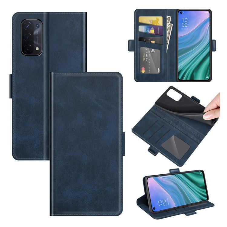 Magnetic Double Clasp Wallet Leather Mobile Phone Case for OPPO A54 5G/A93 5G/A74 5G/OnePlus Nord N200 5G Protection Cover with Stand - Blue
