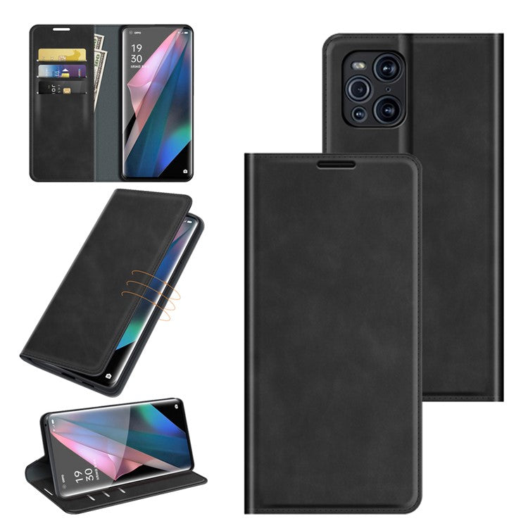 Skin-Touch Auto-absorbed Leather Cover with Wallet and Stand Design for Oppo Find X3/Find X3 Pro - Black