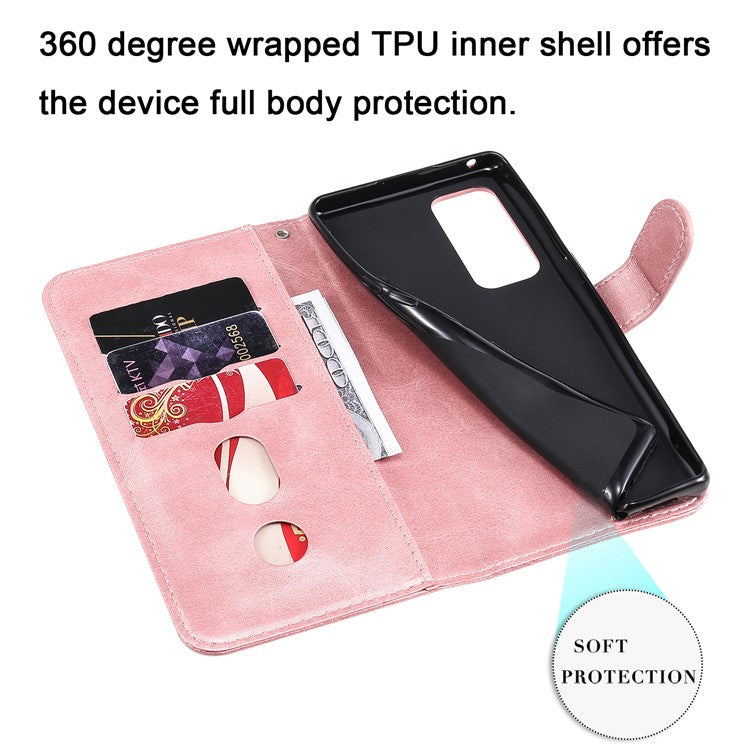 Zipper Pocket Full-Protection Leather Wallet Stand Phone Case Shell for Oppo Reno5 Pro+ 5G/Find X3 Neo - Rose Gold