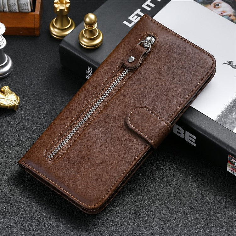 Zipper Pocket Full-Protection Leather Wallet Stand Phone Case Shell for Oppo Reno5 Pro+ 5G/Find X3 Neo - Brown