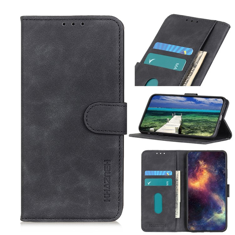 KHAZNEH Retro Grain PU Leather Standing Case Phone Wallet Cover for Oppo A93 5G/A54 5G/A74 5G - Black