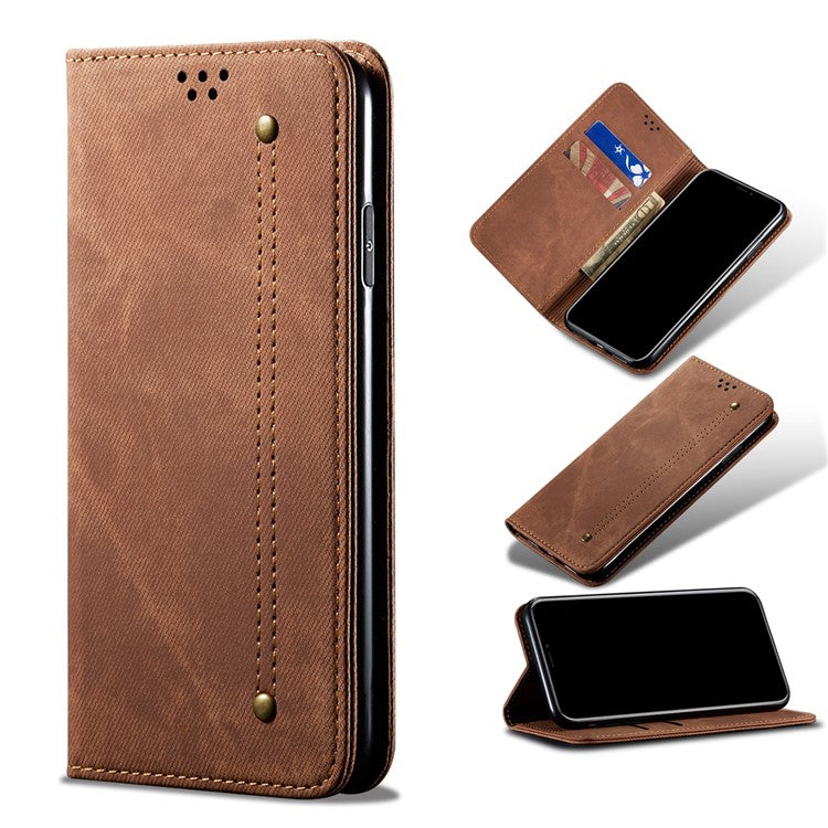 Jeans Cloth Texture Leather Wallet Stand Case for Realme 8/8 Pro - Red
