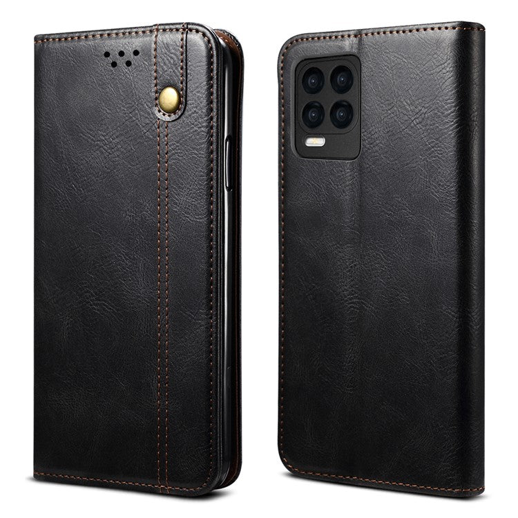 Oil-Waxy Leather Phone Cover with Wallet Stand for Realme 8/8 Pro - Black