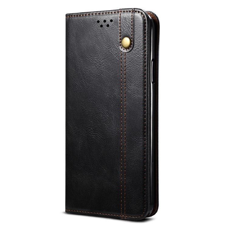 Oil-Waxy Leather Phone Cover with Wallet Stand for Realme 8/8 Pro - Black