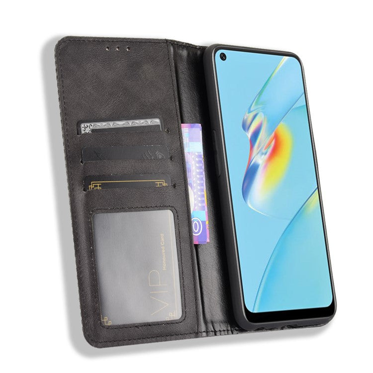 Magnetic Closure Vintage Style Phone Case Wallet Stand Leather Cover for Oppo A54 4G - Black