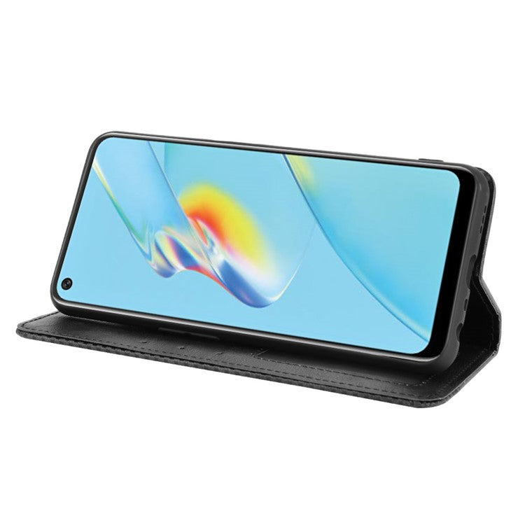 Magnetic Closure Vintage Style Phone Case Wallet Stand Leather Cover for Oppo A54 4G - Black
