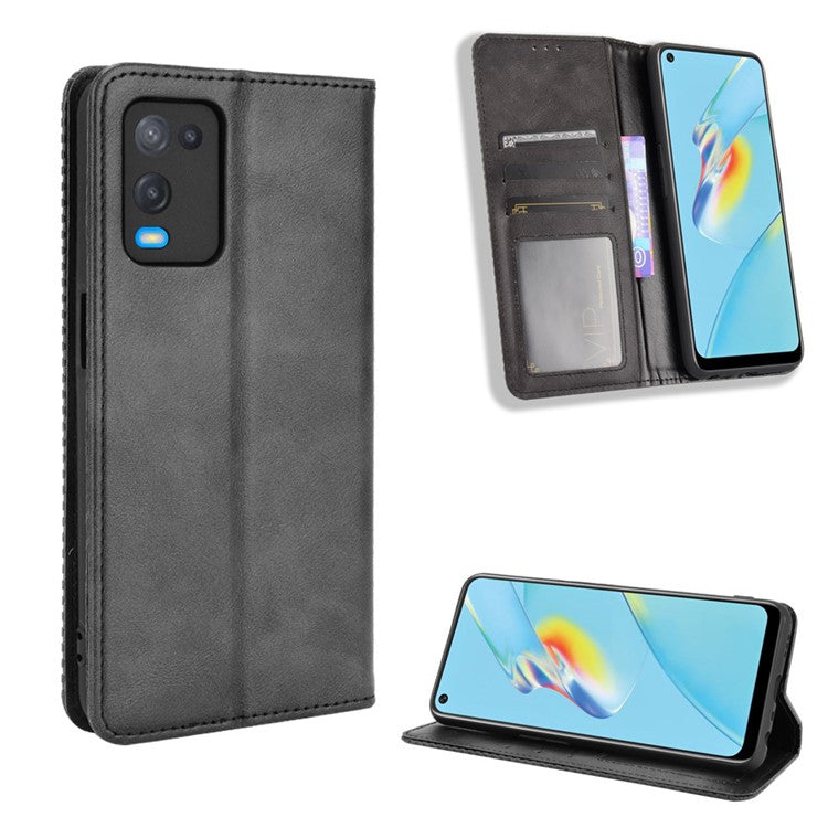 Magnetic Closure Vintage Style Phone Case Wallet Stand Leather Cover for Oppo A54 4G - Black
