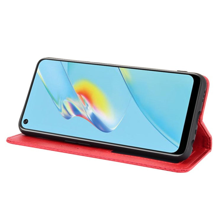 Magnetic Closure Vintage Style Phone Case Wallet Stand Leather Cover for Oppo A54 4G - Red