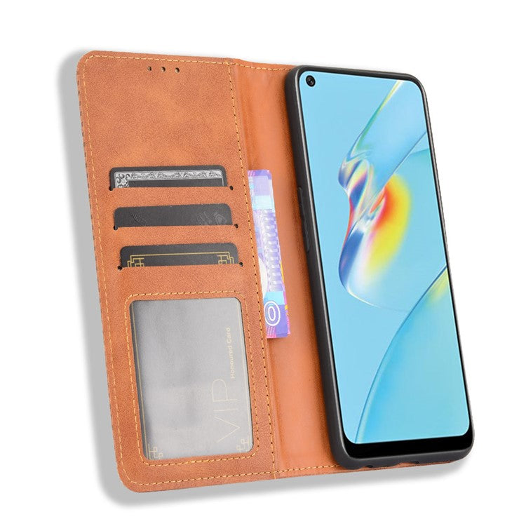 Magnetic Closure Vintage Style Phone Case Wallet Stand Leather Cover for Oppo A54 4G - Brown