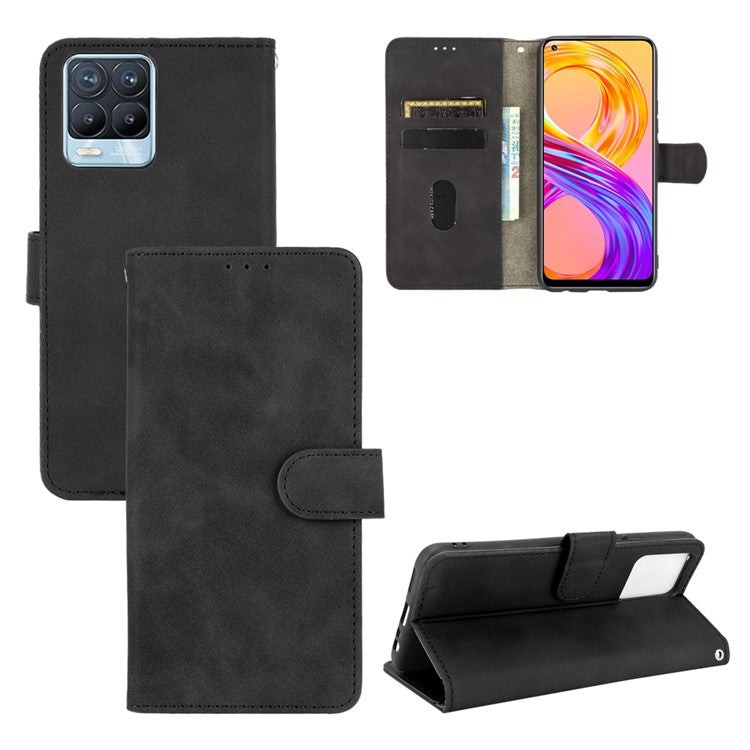 Skin-touch PU Leather Protective Phone Cover with Supporting Stand Wallet for Realme 8 Pro/Realme 8 - Black