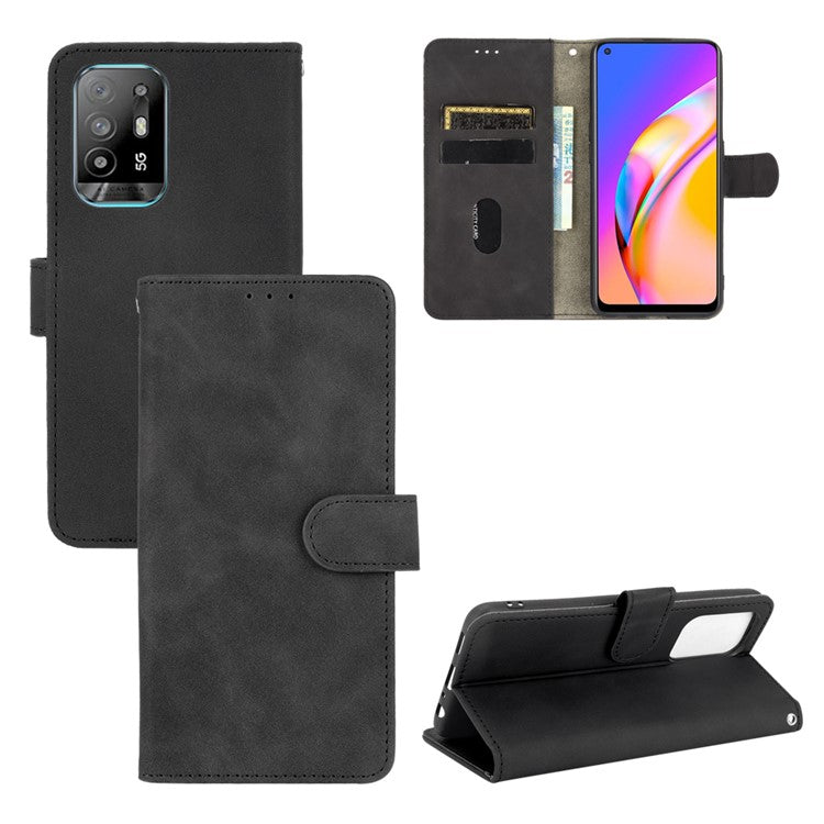 Skin-touch Supporting Stand Wallet Phone Case for Oppo F19 Pro+ 5G / A94 5G - Black