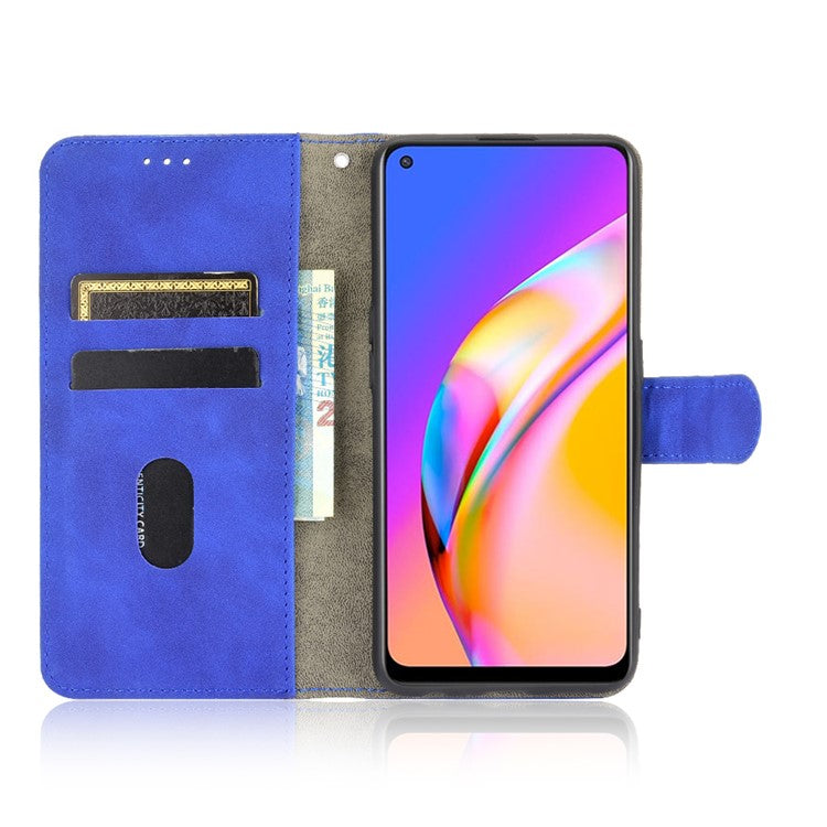Skin-touch Supporting Stand Wallet Phone Case for Oppo F19 Pro+ 5G / A94 5G - Blue