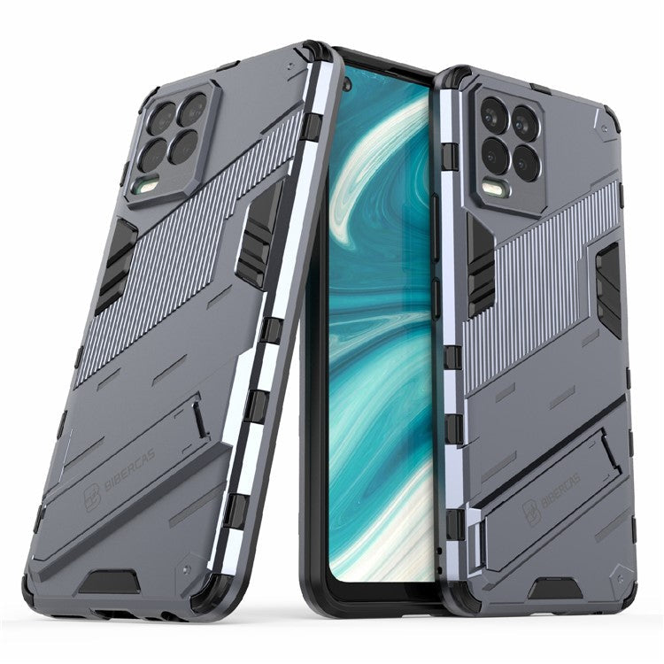 Foldable Kickstand PC + TPU Shockproof Hybrid Phone Back Case Cover for Realme 8 - Dark Blue