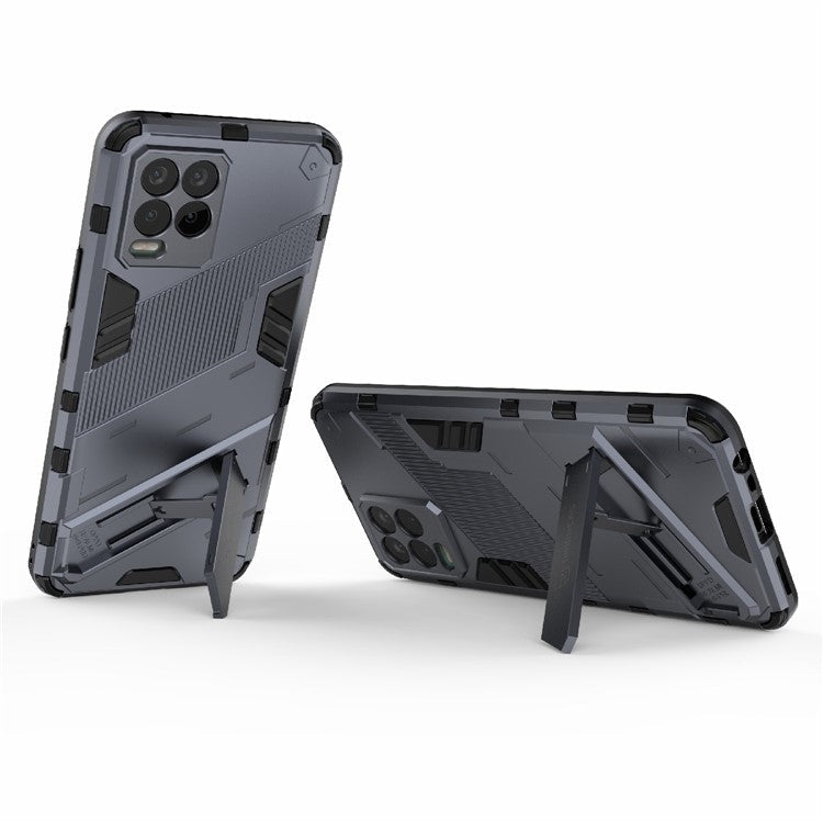 Foldable Kickstand PC + TPU Shockproof Hybrid Phone Back Case Cover for Realme 8 - Dark Blue