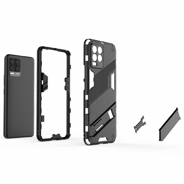 Foldable Kickstand PC + TPU Shockproof Hybrid Phone Back Case Cover for Realme 8 - Dark Blue