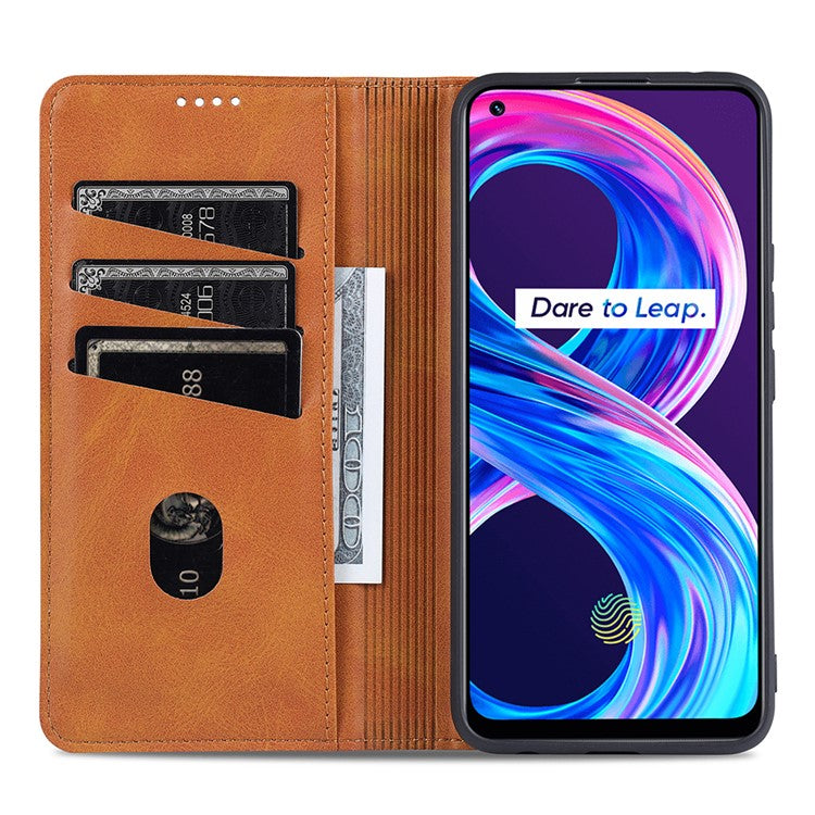 AZNS Auto-absorbed Magnetic Stand Wallet Case Leather Phone Shell for Realme 8/8 Pro - Brown