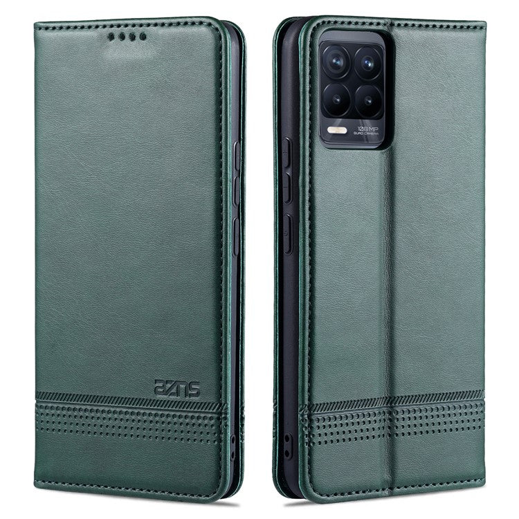 AZNS Auto-absorbed Magnetic Stand Wallet Case Leather Phone Shell for Realme 8/8 Pro - Green
