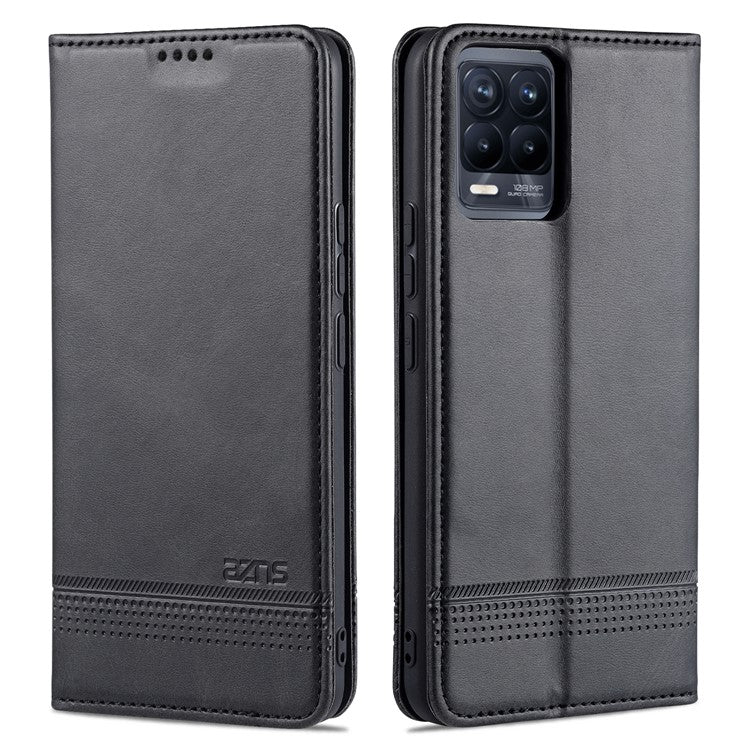 AZNS Auto-absorbed Magnetic Stand Wallet Case Leather Phone Shell for Realme 8/8 Pro - Black