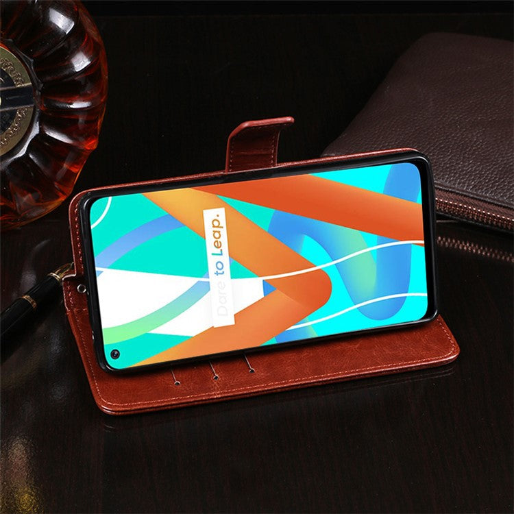 IDEWEI Folio Flip Crazy Horse Texture Leather Casing with Wallet Stand for Realme 8 5G/V13 5G/Narzo 30 5G - Black