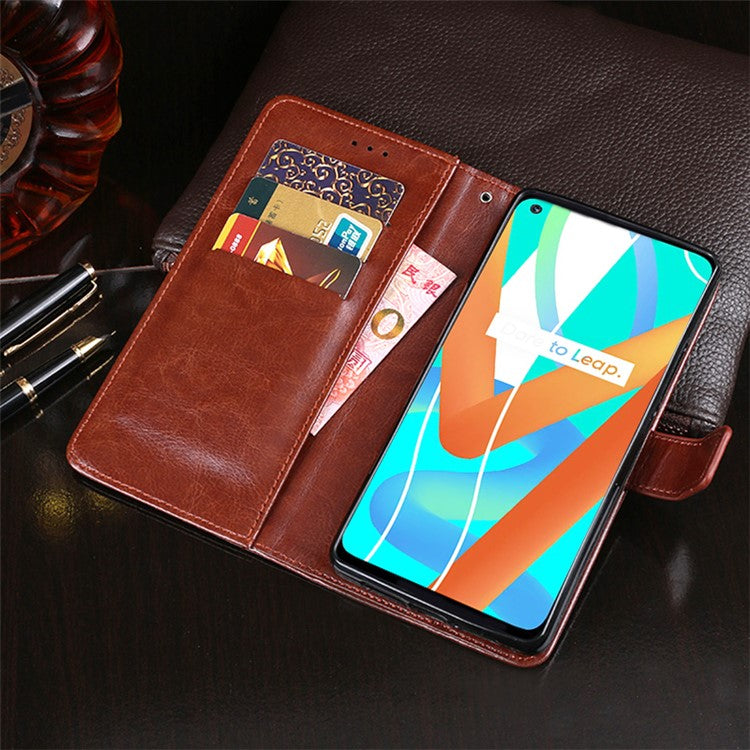 IDEWEI Folio Flip Crazy Horse Texture Leather Casing with Wallet Stand for Realme 8 5G/V13 5G/Narzo 30 5G - Black