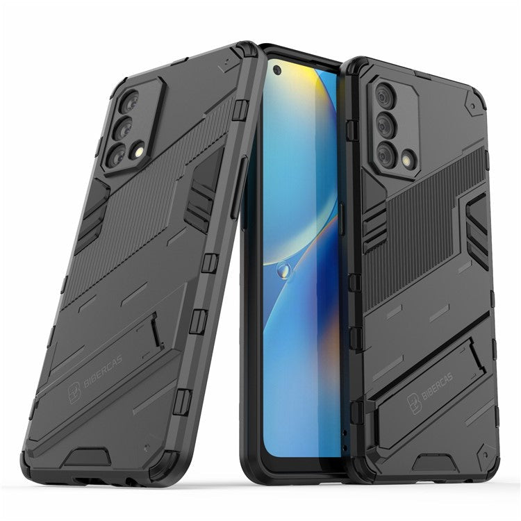 PC + TPU Shockproof Hybrid Phone Back Case Cover with Foldable Kickstand for Oppo A74 4G - Black