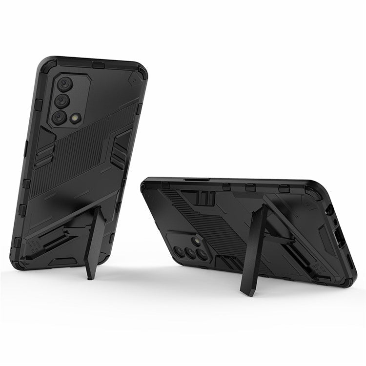 PC + TPU Shockproof Hybrid Phone Back Case Cover with Foldable Kickstand for Oppo A74 4G - Black