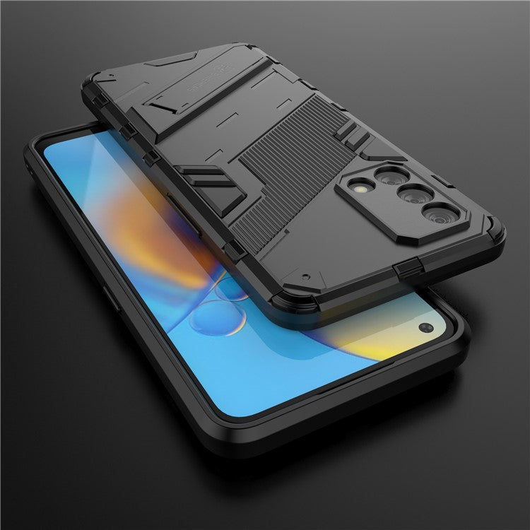 PC + TPU Shockproof Hybrid Phone Back Case Cover with Foldable Kickstand for Oppo A74 4G - Black