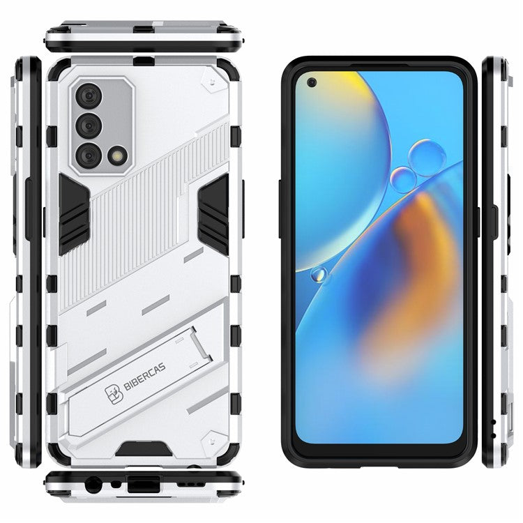 PC + TPU Shockproof Hybrid Phone Back Case Cover with Foldable Kickstand for Oppo A74 4G - White