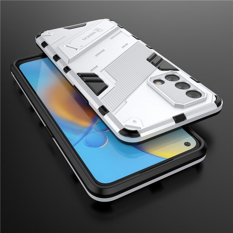 PC + TPU Shockproof Hybrid Phone Back Case Cover with Foldable Kickstand for Oppo A74 4G - White