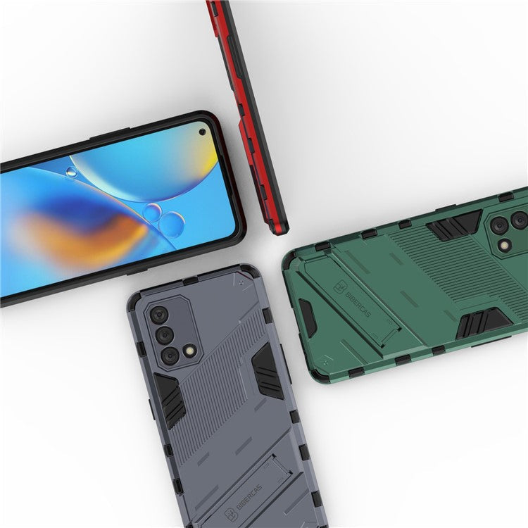 PC + TPU Shockproof Hybrid Phone Back Case Cover with Foldable Kickstand for Oppo A74 4G - Grey
