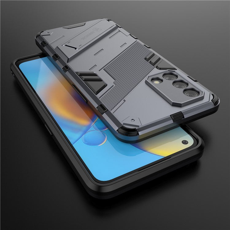 PC + TPU Shockproof Hybrid Phone Back Case Cover with Foldable Kickstand for Oppo A74 4G - Grey